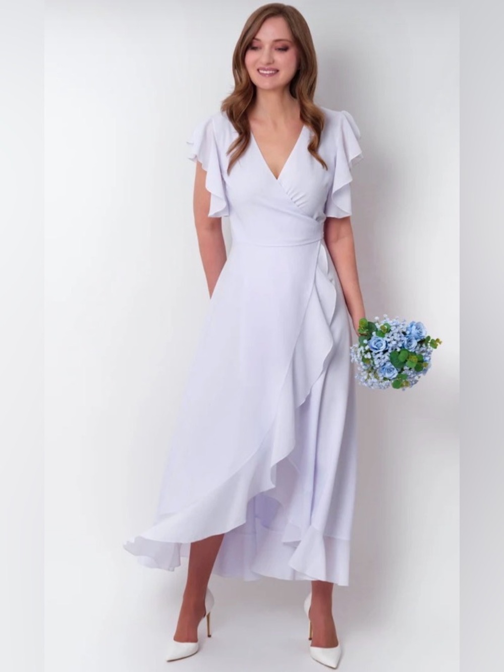 Lavender Ruffle-Trim High-Low Wrap Dress